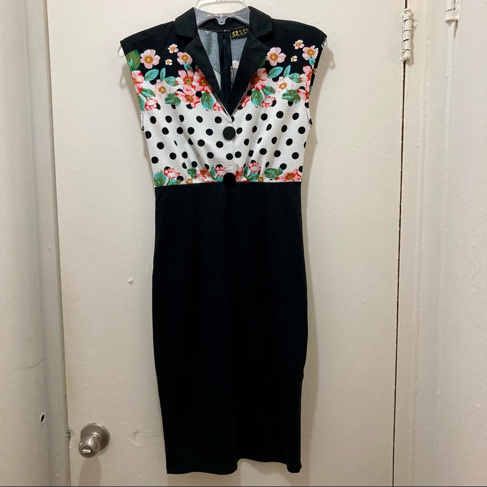Flower Black Polka-dot Button Dress